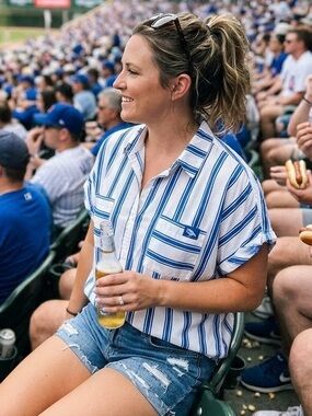 Creighton Blue and White Striped Short-Sleeve Button-Up Shirt - Unbranded